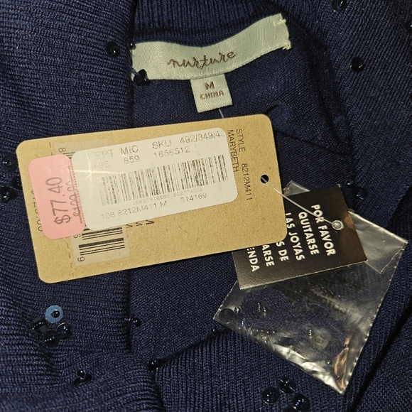 NWT! Wool Sweater Nurture Women's Medium Navy Blue Sequins Neckline NEW - Picture 10 of 11